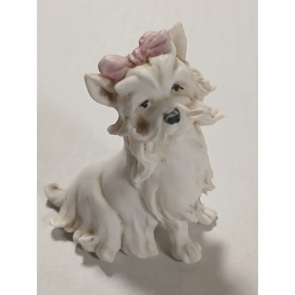 Antique Porcelain‎ White Pink Bow Dog Italian Figurine, Tiche Company,
